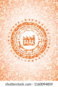 factory icon inside orange tile background illustration. Square geometric mosaic seamless pattern with emblem inside.