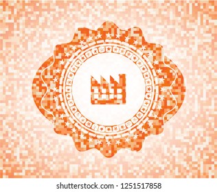 factory icon inside orange tile background illustration. Square geometric mosaic seamless pattern with emblem inside.