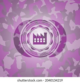 factory icon inside pink and purple camouflaged emblem. 