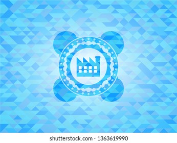 factory icon inside realistic light blue mosaic emblem