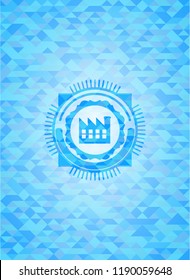 factory icon inside realistic sky blue emblem. Mosaic background