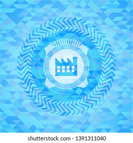 factory icon inside realistic sky blue mosaic emblem
