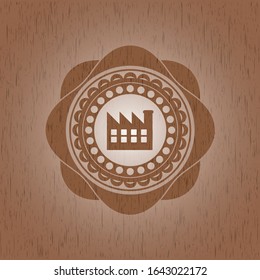 factory icon inside realistic wood emblem