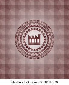 factory icon inside red badge with geometric pattern background. Seamless. 