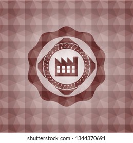 factory icon inside red emblem with geometric pattern. Seamless.