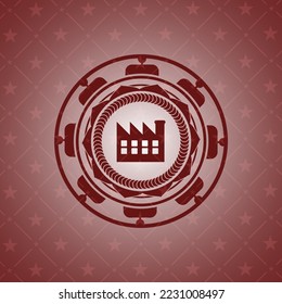 factory icon inside red emblem. 