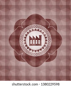 factory icon inside red polygonal badge. Seamless.