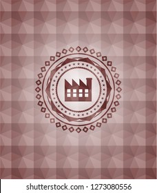 factory icon inside red seamless badge with geometric pattern.