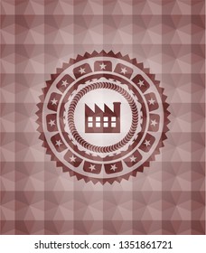 factory icon inside red seamless geometric emblem.