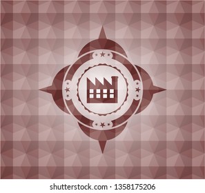 factory icon inside red seamless emblem or badge with abstract geometric pattern background.
