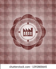 factory icon inside red seamless emblem or badge with geometric pattern background.