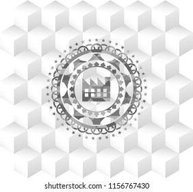 factory icon inside retro style grey emblem with geometric cube white background