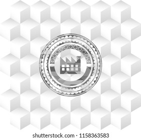 factory icon inside retro style grey emblem with geometric cube white background