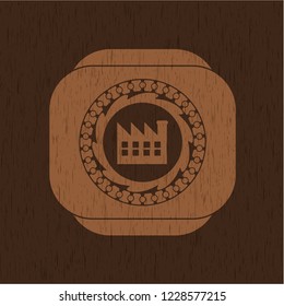 factory icon inside retro style wood emblem