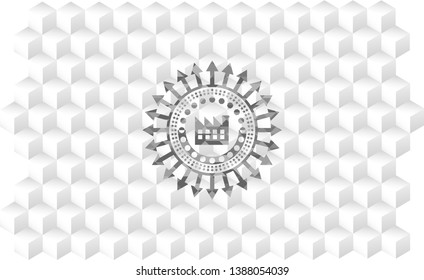 factory icon inside retro style grey emblem with geometric cube white background