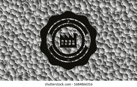 icono de fábrica dentro del emblema negro estilo retro con fondo de burbujas grises. Ilustración vectorial. Detallado.