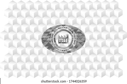 Fabriksymbol im Retrostil, graues Emblem mit geometrischem würfelweißem Hintergrund. 