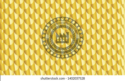 factory icon inside shiny golden emblem. Scales pattern. Vector Illustration. Detailed.