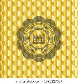 factory icon inside shiny golden emblem. Scales pattern. Vector Illustration. Detailed.