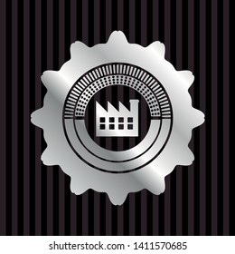 factory icon inside silvery shiny badge