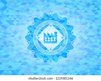 factory icon inside sky blue emblem with mosaic background