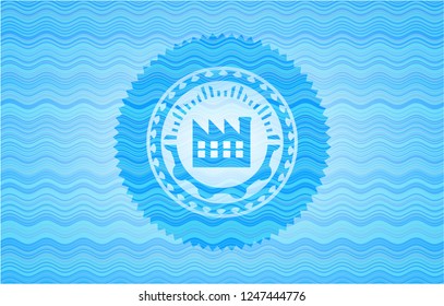 factory icon inside sky blue water style emblem.
