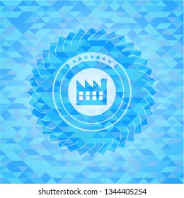 factory icon inside sky blue mosaic emblem