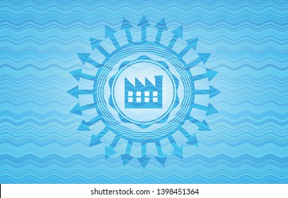 factory icon inside sky blue water style emblem.