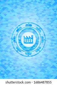 factory icon inside sky blue emblem. Mosaic background