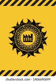 factory icon inside warning sign, black grunge emblem. Vector Illustration. Detailed.