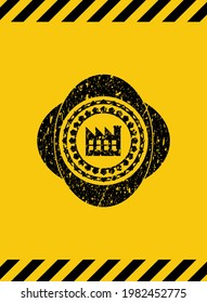 icono de fábrica dentro del signo de advertencia, emblema negro grunge. Ilustración vectorial. Detallado. 