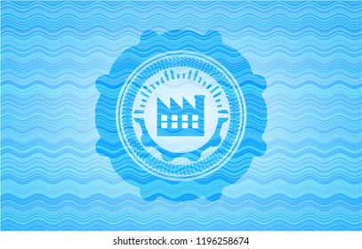 factory icon inside water wave style badge.