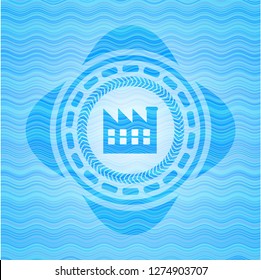factory icon inside water wave concept badge background.