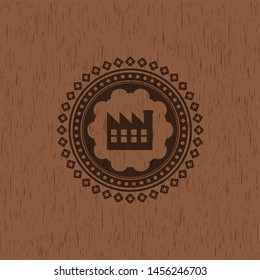 factory icon inside wooden emblem. Retro