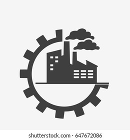 Factory icon isolated. Factory icon with gear. Flat vector stock illustration