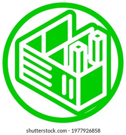 Factory icon in isometric flat design with green color and outline on a line circle background.