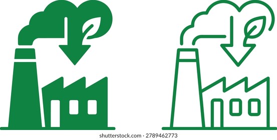 factory icon with leaf and downward arrow symbolizing carbon reduction and sustainability goals