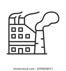 Factory, icon in line design. Factory, industrial building, manufacturing plant, production facility, industry, factory plant, manufacturing process on white background vector. Factory editable stroke