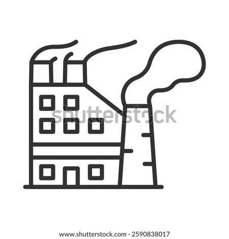 Factory, icon in line design. Factory, industrial building, manufacturing plant, production facility, industry, factory plant, manufacturing process on white background vector. Factory editable stroke