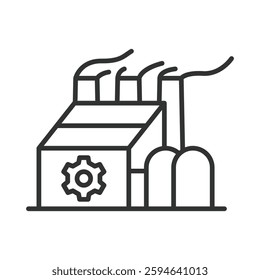 Factory, icon in line design. Factory, manufacturing, industry, production, automation, machinery, assembly on white background vector. Factory, editable stroke icon