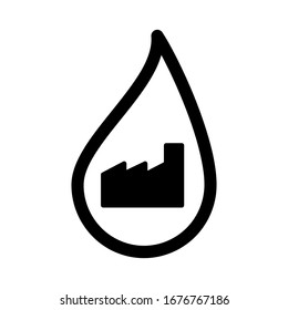 Factory icon in liquid droplet, industrial icon for environmental, engineering, water supply, recycling, energy, gas, power and electricity manufacture. Flat black vector design on white background.