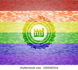 factory icon on mosaic background with the colors of the LGBT flag