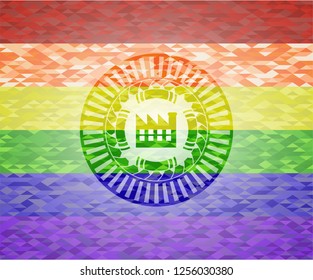 factory icon on mosaic background with the colors of the LGBT flag