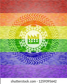 factory icon on mosaic background with the colors of the LGBT flag