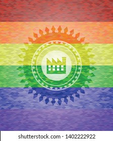 factory icon on mosaic background with the colors of the LGBT flag