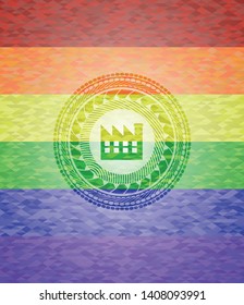 factory icon on mosaic background with the colors of the LGBT flag