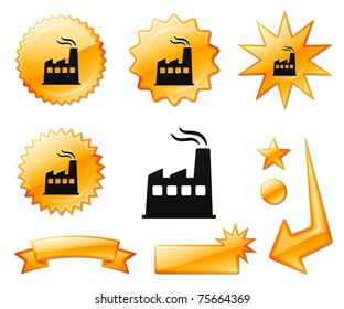 Icono de fábrica en carteles de ráfagas de naranja y medallas Ilustración vectorial original