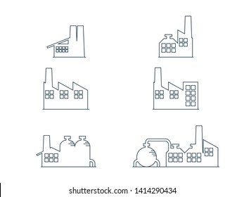 Factory icon outline set. Vector industrial buildings pictograms. Black silhouettes of manufacturing objects isolated on white. Set of four contours of plants for industrial design