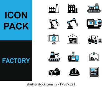 Pacote de ícones de fábrica com máquinas industriais, edifícios e equipamentos em gráficos simples em preto e branco.