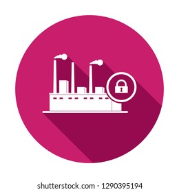Factory icon with padlock sign. Factory icon and security, protection, privacy symbol. Vector icon